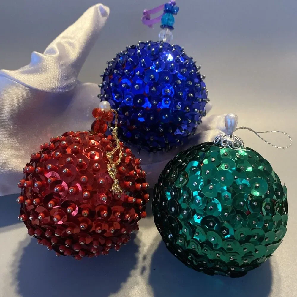 3 Vintage Christmas Sequin Push Pin Ornaments Green Red Blue Ball Handmade